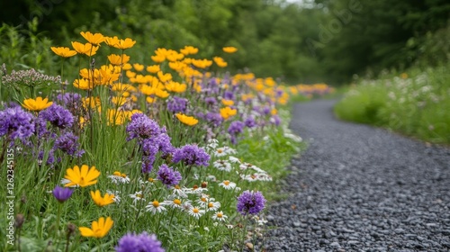 Vibrant wildflower path in a serene garden during sunny spring day