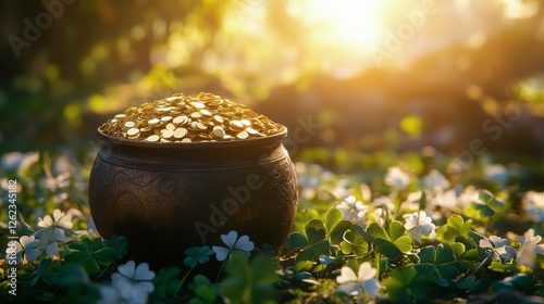 Pot of gold surrounded by clovers and flowers in a sunlit meadow during sprin...