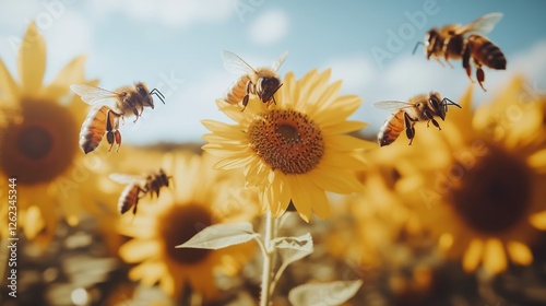 Bees collecting nectar from sunflowers in a vibrant garden on a sunny afternoon