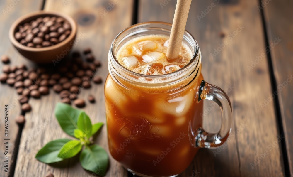 Iced coffee in a rustic glass jar Iced coffee in a rustic glass jar