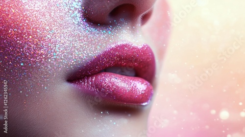 Shimmering beauty close-up with sparkling makeup and soft lighting