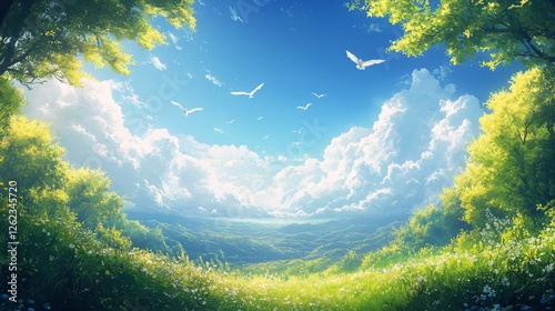Vibrant meadow with colorful flowers and birds flying under a bright blue sky...