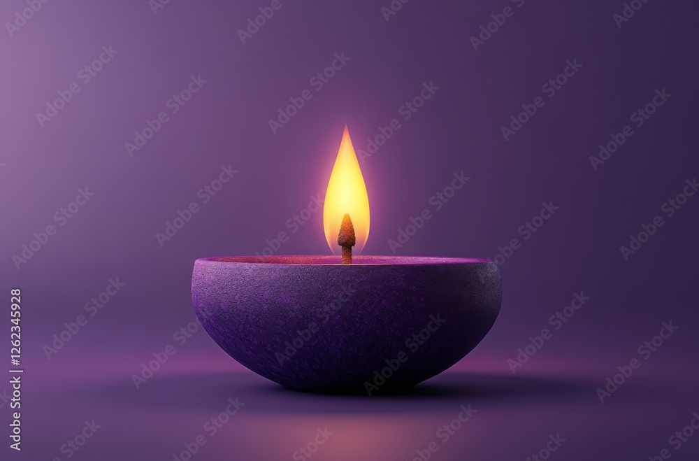 Beautiful candle with flame surrounded by purple flowers in a serene nighttime setting