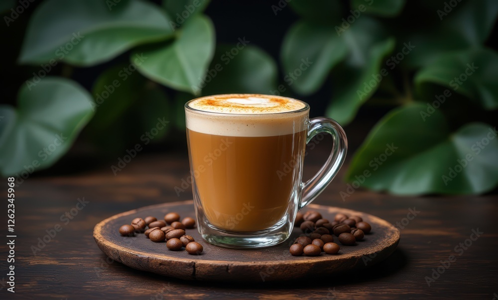 Warm latte with coffee beans on wooden base Warm latte with coffee beans on wooden base