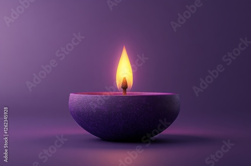 Beautiful candle with flame surrounded by purple flowers in a serene nighttim...