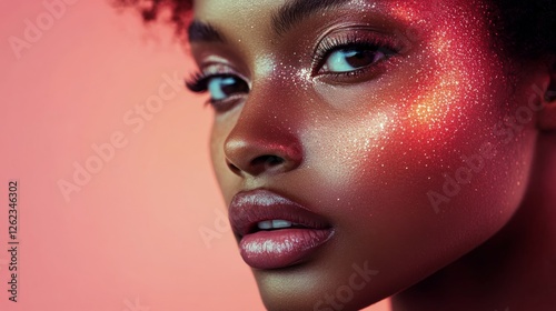 Young woman with sparkling makeup and vibrant blue eyes posing against a colo...