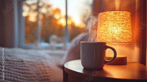 Warm coffee cup next to a lamp in a cozy indoor setting during evening hours