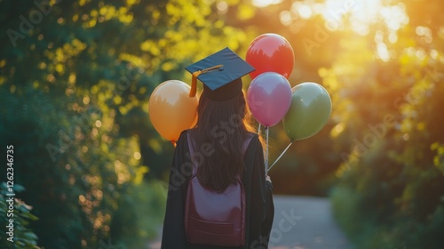 Graduation celebration with colorful balloons and proud graduate in a sunlit ...