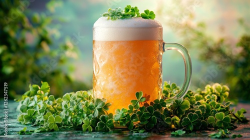 Refreshing mug of beer surrounded by fresh clovers in a sunlit meadow during ...