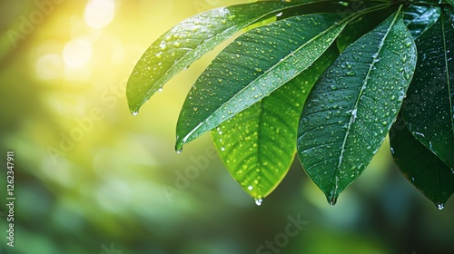 Dewdrops glisten on lush green leaves in a vibrant forest during early mornin...