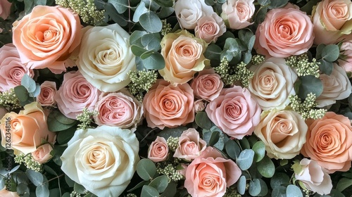 Vibrant floral arrangement featuring pink and peach roses in full bloom with ...
