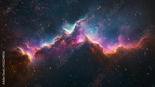 Colorful nebula with swirling gases and stars illuminated in the night sky ab...