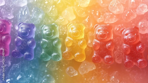 Colorful gummy bears arranged in a vibrant rainbow pattern on a shiny surface