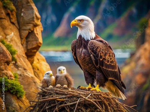 Majestic American Bald Eagle Protecting Eaglet Chicks in Nest - Wildlife Photography