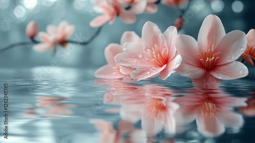 Blossoms reflect on serene water surface during tranquil morning in a vibrant...
