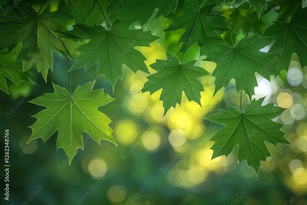 A blurred bokeh background with fresh green spring leaves transitioning into summer foliage, a blue sky with a sun flare A blurred bokeh background with fresh green spring leaves transitioning into summer foliage, a blue sky with a sun flare