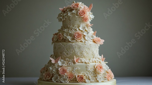 Elegant three-tiered cake decorated with flowers and butterflies in a cozy in...