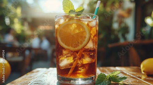 Refreshing iced tea garnished with lemon and mint in a sunny garden setting