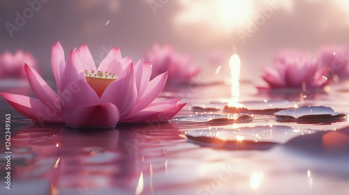 Serenity of pink lotus flowers floating on tranquil water in a sunlit pond