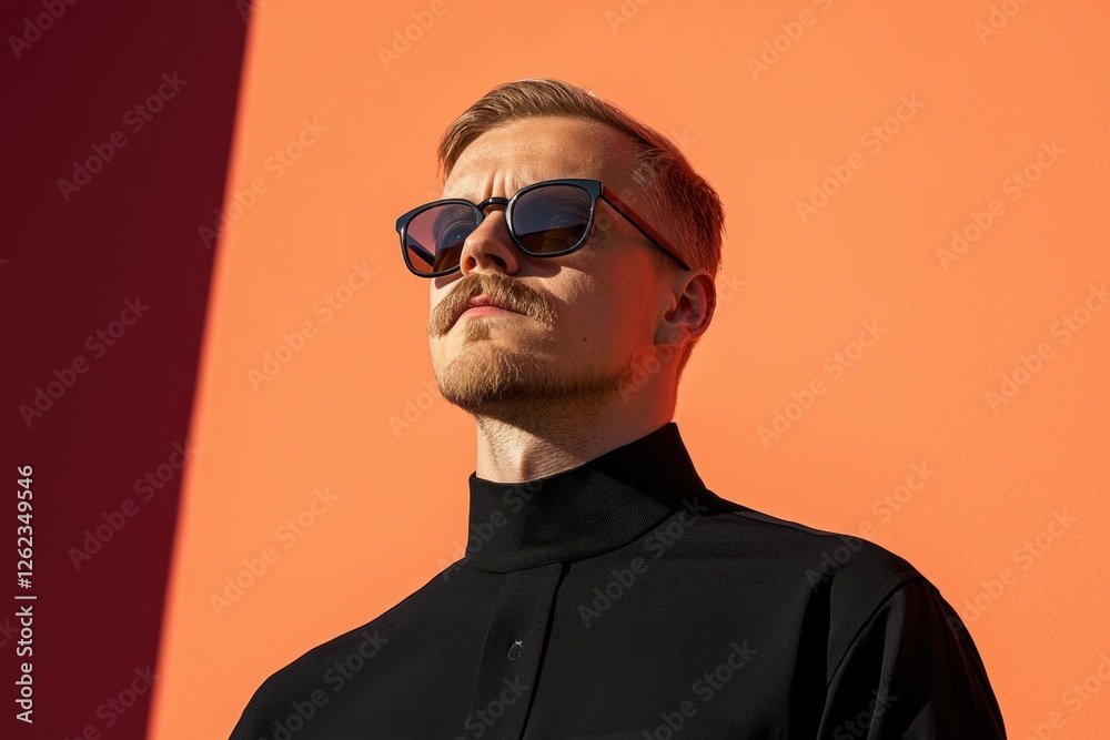 Man in sunglasses looks up with focus and hope, against orange wall, sunny day Man in sunglasses looks up with focus and hope, against orange wall, sunny day