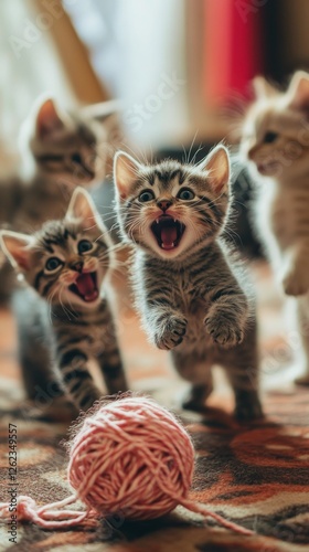 Playful kittens chase yarn ball in cozy indoor setting during daytime
