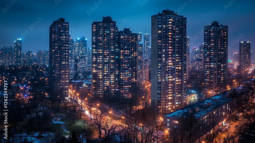 Obraz premium A cityscape with tall buildings and a blue sky. The buildings are lit up and the sky is dark