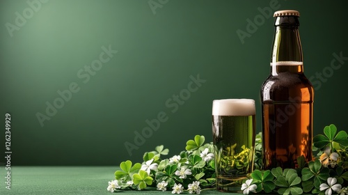 Green beer with clovers on a vibrant green background for celebration