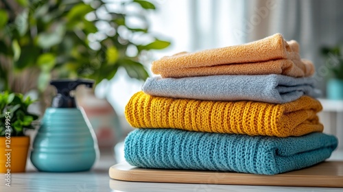 Colorful folded towels displayed on a wooden tray with cleaning supplies and ...