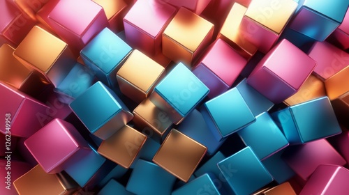 Abstract geometric structure featuring reflective cubes surrounded by vibrant...