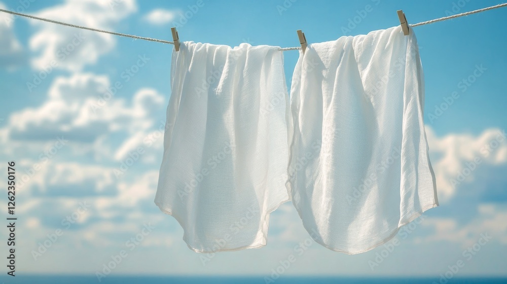 Freshly laundered white clothes hanging under a bright blue sky by the ocean Freshly laundered white clothes hanging under a bright blue sky by the ocean