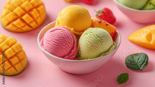 bowl of ice creams with a pink ai genrative  photo