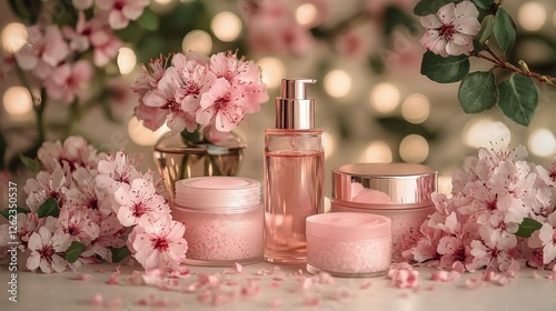 Beautiful floral arrangement with skincare products on a light background in ...