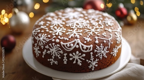 Festive cake adorned with winter decorations and seasonal toppings on a dark ...