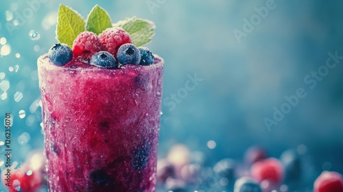 Refreshing berry cocktail garnished with mint leaves on a colorful background