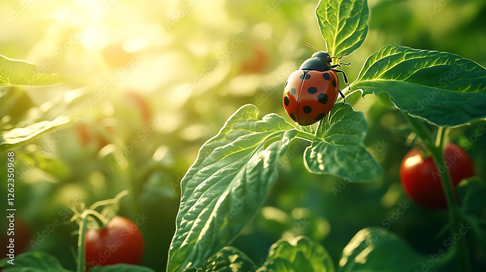 Fototapeta premium A close-up of a ladybug resting on a tomato leaf while a gardener inspects for harmful pests, delicate veins of the plant visible in soft natural light, a harmonious balance of nature and protection.
