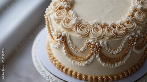 Exquisite cake decorated with golden elements on a golden platter in a soft-l...