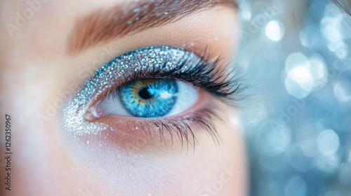 Sparkling blue eye with glitter makeup reflecting light in a vibrant setting