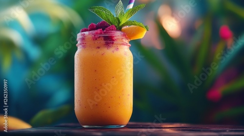 Refreshing tropical smoothie with mango and raspberries in vibrant setting
