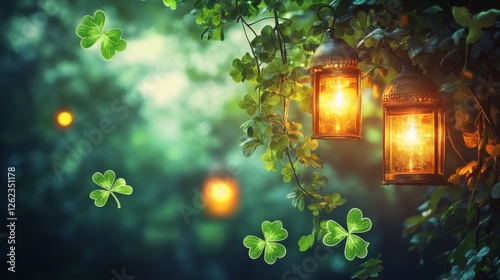 Lanterns glowing among green leaves in a serene outdoor setting at dusk