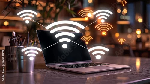 Laptop with glowing wifi symbols on screen in a cafe.