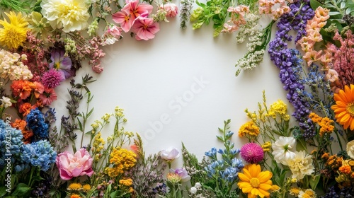 Bright assortment of fresh flowers creating a vibrant border on a white backg...