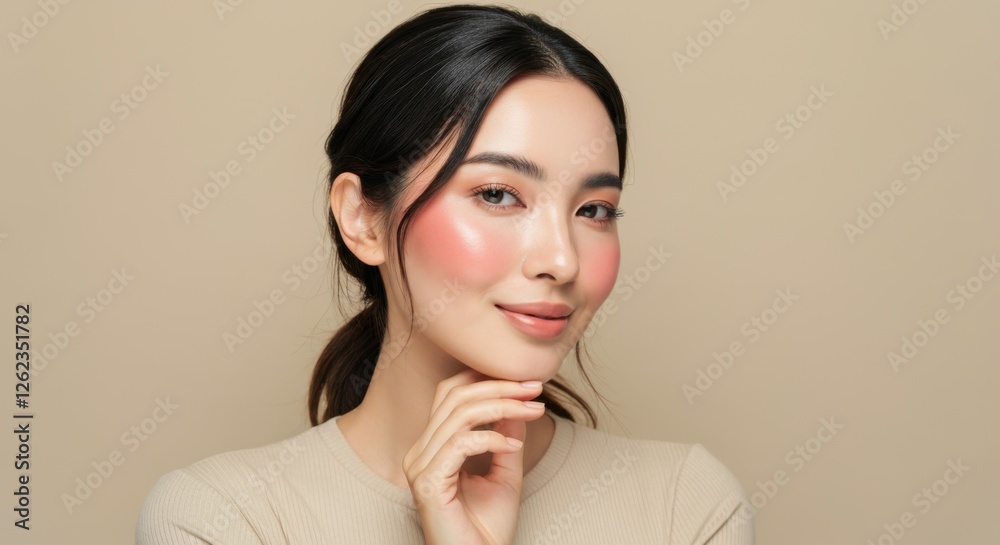 Asian young adult female with natural makeup and black hair smiling Asian young adult female with natural makeup and black hair smiling