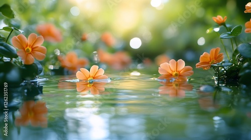 Blossoms reflect on serene water surface during tranquil morning in a vibrant...