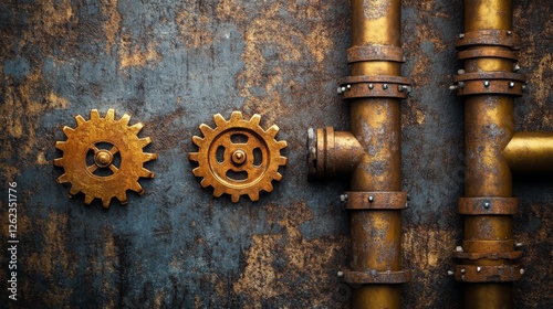 Rusty industrial pipes with gears in a steampunk style on a textured surface