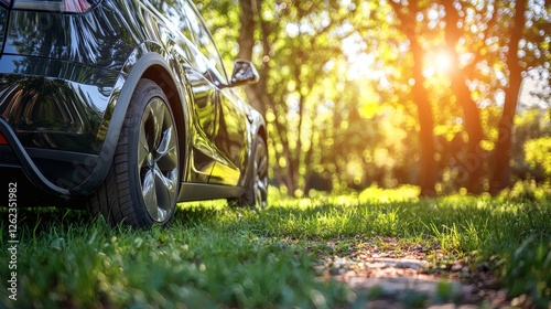 An electric car powered by solar panels, off-grid self-sufficient transportation, renewable energy integration, stock photo with side copy space.
