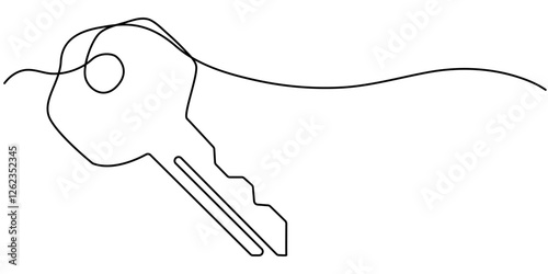 Continuous one line drawing of key. One line drawing illustration of key. Security concept continuous line art. Editable outline, continuous one line drawing of keys. Real estate keys icon. 