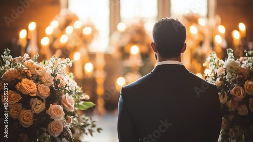Groom standing confidently near floral backdrop during wedding ceremony at a ...