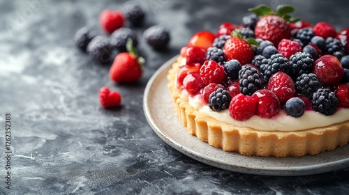 Fresh berry tart with raspberries and blackberries on a plate