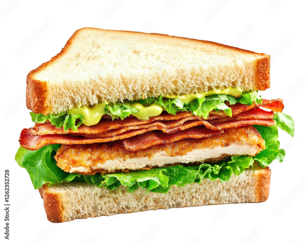 classic chicken sandwich featuring crispy lettuce, bacon, and creamy mayo, all nestled between two slices of fresh bread. Perfect for satisfying meal classic chicken sandwich featuring crispy lettuce, bacon, and creamy mayo, all nestled between two slices of fresh bread. Perfect for satisfying meal
