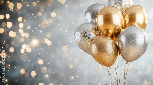 Festive golden and silver balloons arranged against a textured background for...